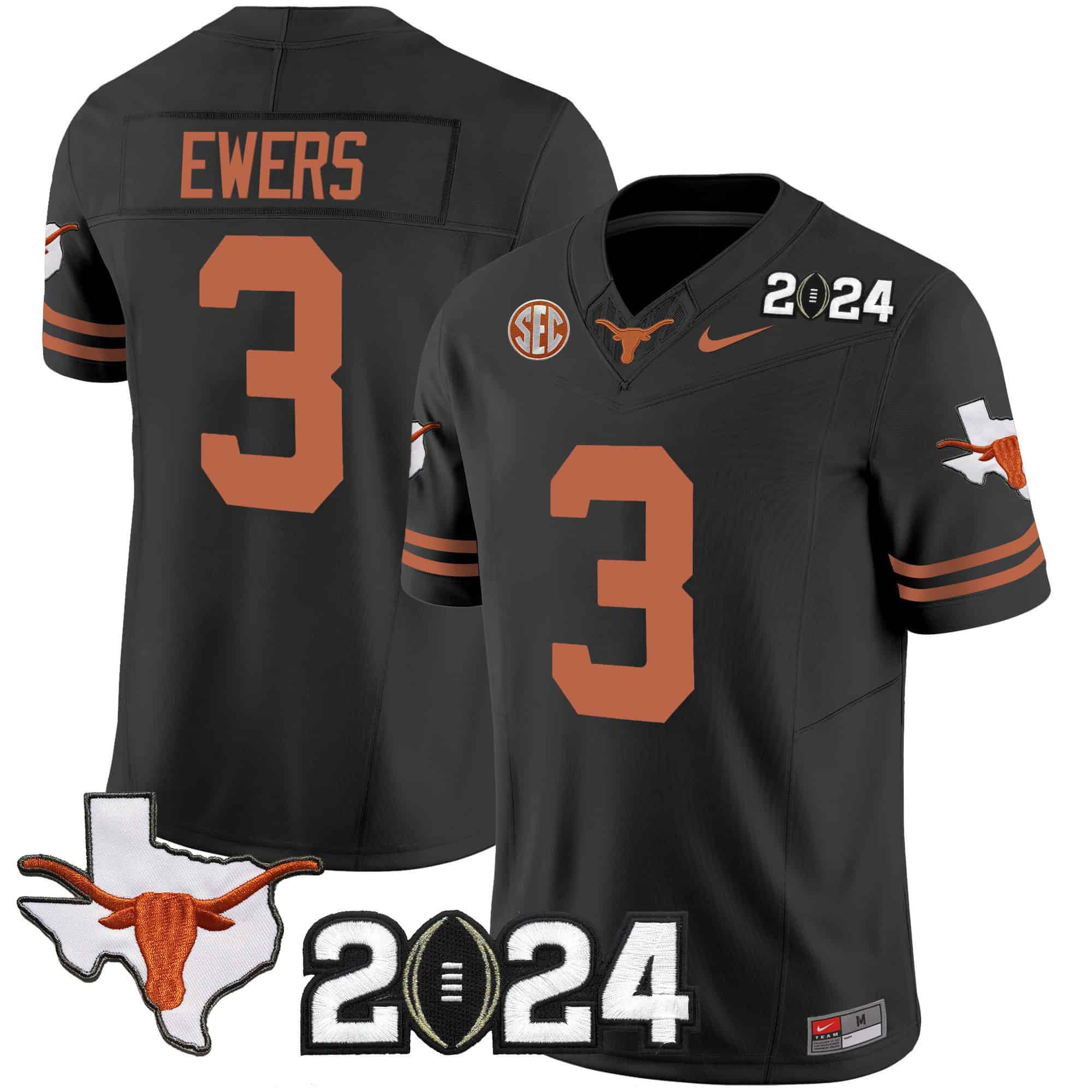 Men Texas Longhorns #3 Ewers Black 2024 Nike Vapor Limited NCAA Jersey style 1